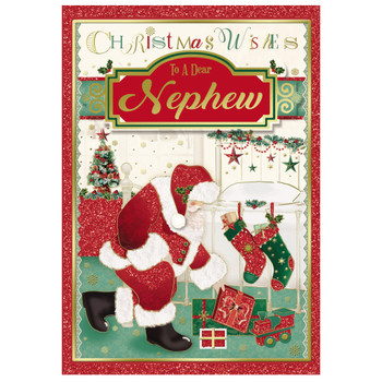 To a Dear Nephew Glitter Finished Santa Design Christmas Card To a Dear Nephew Glitter Finished Santa Design Christmas Card