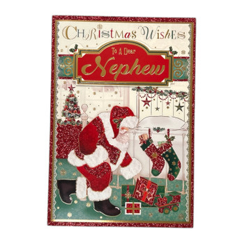 To a Dear Nephew Glitter Finished Santa Design Christmas Card To a Dear Nephew Glitter Finished Santa Design Christmas Card