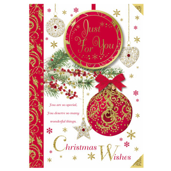 Just For You Hanging Decorative Baubles Design Open Christmas Card Just For You Hanging Decorative Baubles Design Open Christmas Card