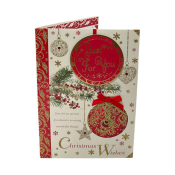 Just For You Hanging Decorative Baubles Design Open Christmas Card Just For You Hanging Decorative Baubles Design Open Christmas Card