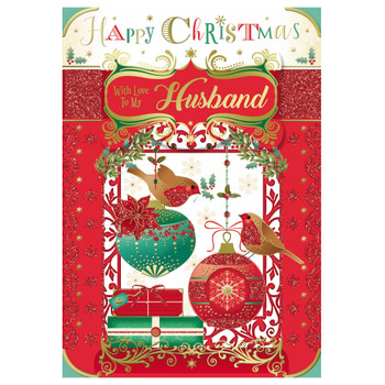With Love To My Husband Birds On Baubles Design Christmas Card With Love To My Husband Birds On Baubles Design Christmas Card