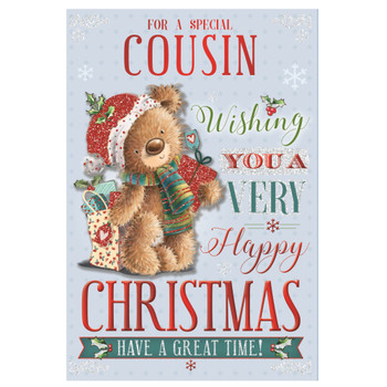 For a Special Cousin Teddy With Shipping Gift Bag Design Christmas Card