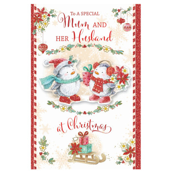 To a Special Mum and Her Husband Bears In Hat and Scarf Design Christmas Card