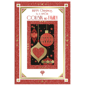To a Special Cousin and Family Baubles Design Christmas Card