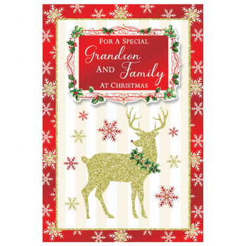 For a Special Grandson and Family Golden Reindeer Festive Design Christmas Card For a Special Grandson and Family Golden Reindeer Festive Design Christmas Card