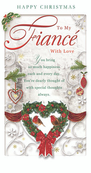 With Love To My Fiance Heart Design Wreath Red Glitter Finished Christmas Card