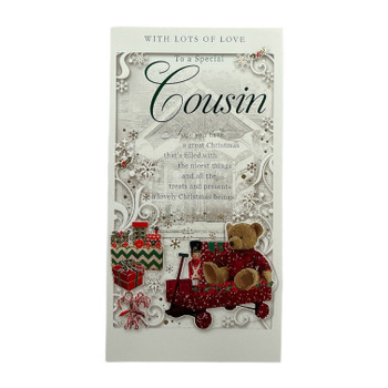 To a Special Cousin Teddy On Sleigh Design Christmas Card
