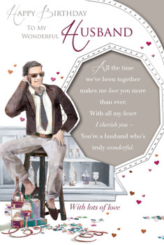 Husband Birthday Card Man On Phone With Wine & Gifts
