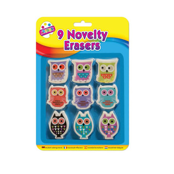 Pack of 9 Owl or Cupcake Novelty Erasers