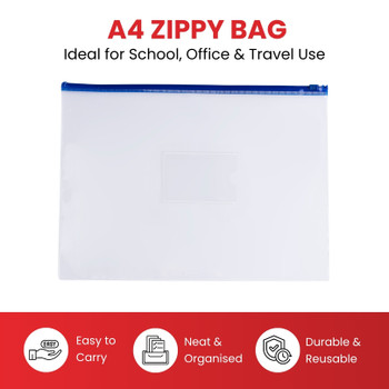 Pack of 12 A4 Clear Zippy Bags with Blue Zip