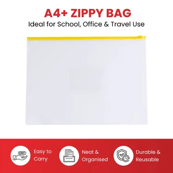 Pack of 12 A4+ Foolscap Clear Zippy Bags with Purple Zip