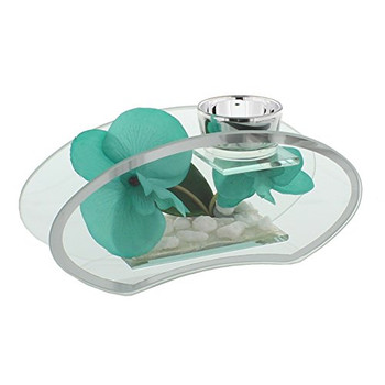 Hestia 20cm Glass & Mirror Tea Light Holder Aqua / Turquoise Oval Shape
