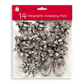Pack of 14 Pieces Christmas Silver Holographic Gift Bows and Cops