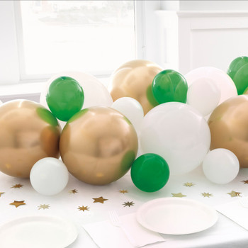 Modern Christmas Dark Green, White, & Gold Balloon Garland Table Runner with Foil Confetti Cutouts