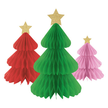 Pack of 3 Vibrant Christmas Assorted Colors Honeycomb Tree Decoration with Diecut Glitter Stars