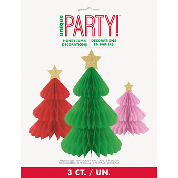Pack of 3 Vibrant Christmas Assorted Colors Honeycomb Tree Decoration with Diecut Glitter Stars