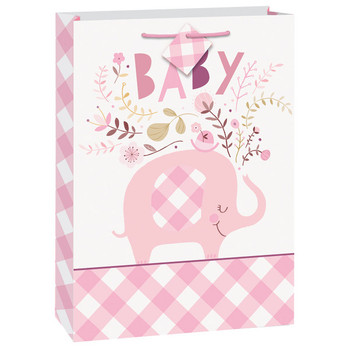 Pink Floral Elephant Jumbo Gift Bag - Baby Shower Celebration