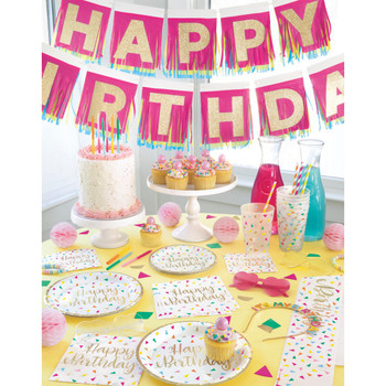 Pack of 8 Bright Triangle Foil Stamping "Happy Birthday" Round 9" Dinner Plates