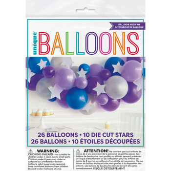 Assorted Lavender, Purple, Royal Blue, & Silver Balloon Arch Kit and Diecut Stars