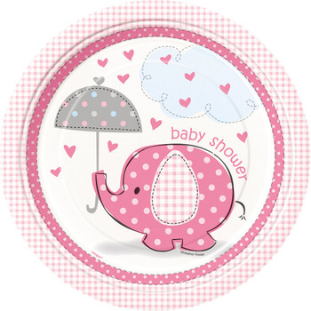 Pack of 8 Baby Shower Umbrellaphants Pink Round 9" Dinner Plates