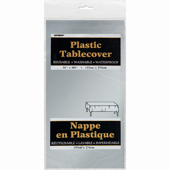 Silver Solid Rectangular Plastic Table Cover, 54"x108"
