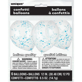 Pack of 6 Clear Latex Balloons with Powder Blue Confetti 12"