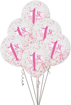 Pack of 6 Pink & Gold First Birthday Clear Latex Balloons with Confetti 12"