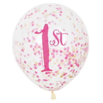 Pack of 6 Pink & Gold First Birthday Clear Latex Balloons with Confetti 12"