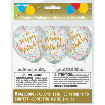 Pack of 6 Glitzy Gold Birthday Clear Latex Balloons with Confetti 12"