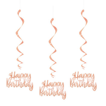 Pack of 3 32" Foil Rose Gold "Happy Birthday" Hanging Swirl Decorations