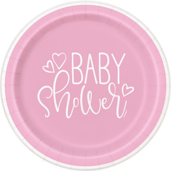 Pack of 8 Pink Hearts Baby Shower Round 7" Dessert Plates