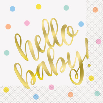 Pack of 16 "Hello Baby" Gold Baby Shower Luncheon Napkins
