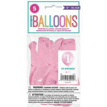 Pack of 5 Pink Gingham 1st Birthday 12" Latex Balloons