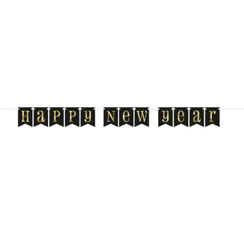 7ft Foil Gold & Black "Happy New Year" Pennant Banner