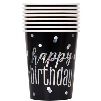 Pack of 8 Birthday Glitz Black Prismatic Foil 9oz Paper Cups