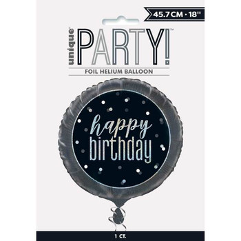 18" Glitz Black & Silver Round Foil Balloon "Happy Birthday"