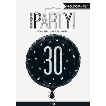 Birthday Glitz Black & Silver Number 30 Round Foil Balloon 18"