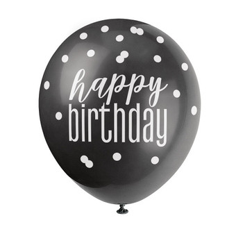 Pack of 6 12" Glitz Black, Silver, & White Latex Balloons "Happy Birthday"