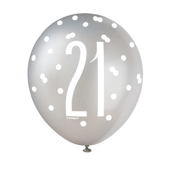 Pack of 6 Birthday Black Glitz Number 21 12" Latex Balloons