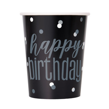 Pack of 8 Black & Silver "Happy Birthday" 9oz Cups