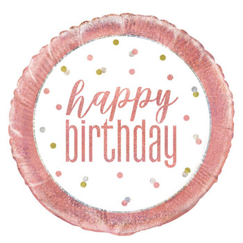 Happy Birthday Glitz Rose Gold Round Foil Balloon 18"