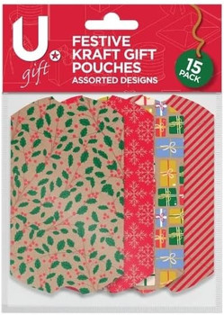 Pack of 15 Festive Kraft Designs Christmas Gift Pouches