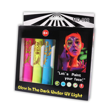 Pack of 6 Assorted Glow in Dark Colours Face Paints - Festivals, Halloween, Raves, Cosplay, Night Events