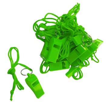 Bag of 10 Green Plastic Whistles with Lanyard Neck Cord
