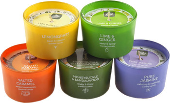 Pack of 5 Pan Aroma Glass Jar Scented Candles - Lemongrass, Lime Ginger, Jasmine, Sandalwood, Salted Caramel Pack of 5 Pan Aroma Glass Jar Scented Candles - Lemongrass, Lime Ginger, Jasmine, Sandalwood, Salted Caramel