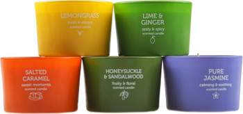 Pack of 5 Pan Aroma Glass Jar Scented Candles - Lemongrass, Lime Ginger, Jasmine, Sandalwood, Salted Caramel Pack of 5 Pan Aroma Glass Jar Scented Candles - Lemongrass, Lime Ginger, Jasmine, Sandalwood, Salted Caramel