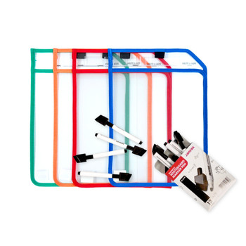 Pack of 4 Assorted Coloured Edge Clear Dry Erase Write and Wipe Reusable Sleeve Pockets With 12 Markers Pack of 4 Assorted Coloured Edge Clear Dry Erase Write and Wipe Reusable Sleeve Pockets With 12 Markers