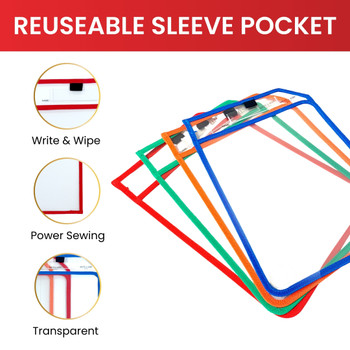 Pack of 4 Assorted Coloured Edge Clear Dry Erase Write and Wipe Reusable Sleeve Pockets With 12 Markers Pack of 4 Assorted Coloured Edge Clear Dry Erase Write and Wipe Reusable Sleeve Pockets With 12 Markers