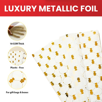 Pack of 10 Teddy Bear Luxury Gold Metallic Plastic-Free 18gsm Tissue Paper Sheets 50x70cm