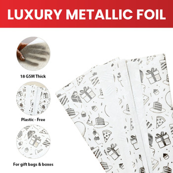 Pack of 10 Birthday Luxury Silver Metallic Plastic-Free 18gsm Tissue Paper Sheets 50x70cm